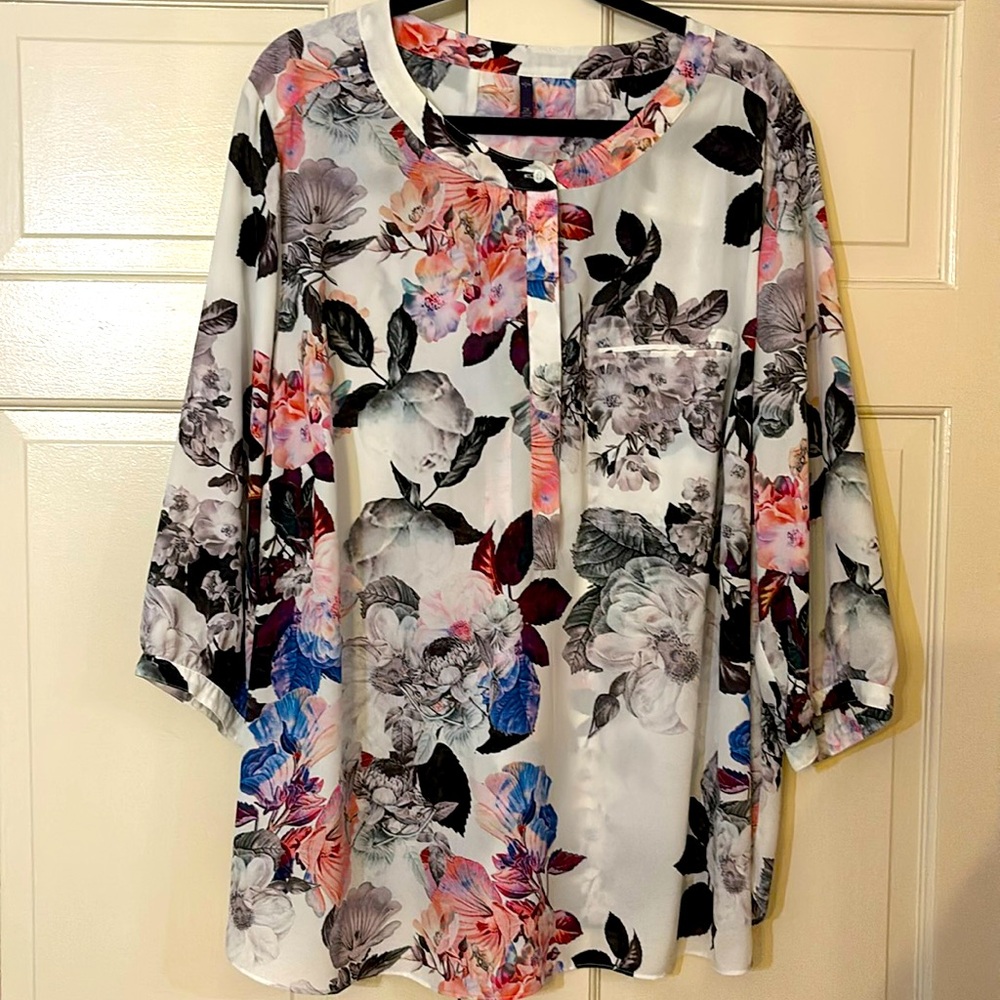 NYDJ, 2X, long sleeve, white, black, pink & blue floral blouse